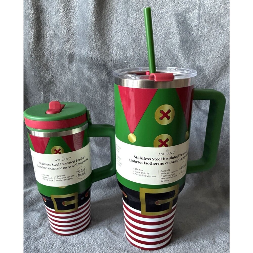 Christmas Elf Tumblers Set 2 Insulated Cup w Handle Straw Holiday 20oz